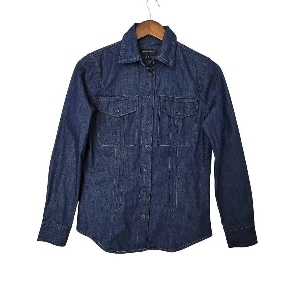 Banana Republic Denim Shirt Womens Size 2 Dark Blue Button Up Cotton NWT - Picture 1 of 5